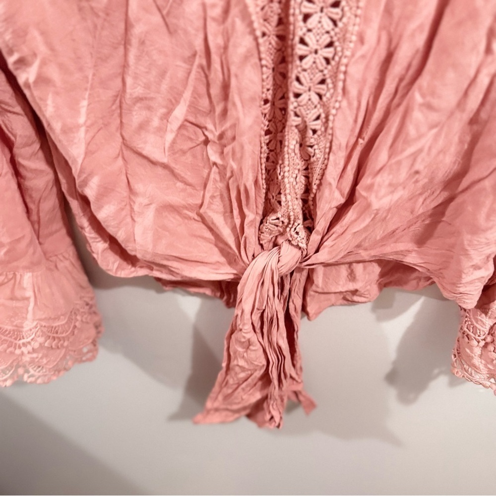 Entro Pink Long Sleeve Lace Tie Knot Blouse Size Large - Picture 6 of 8